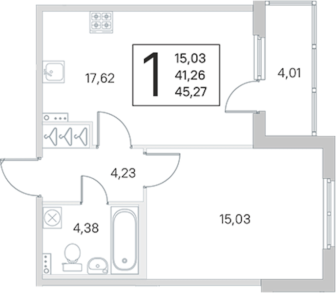 1-комнатная квартира 41.26 м², 1/4 эт., ЖК «Любоград в Стрельне»